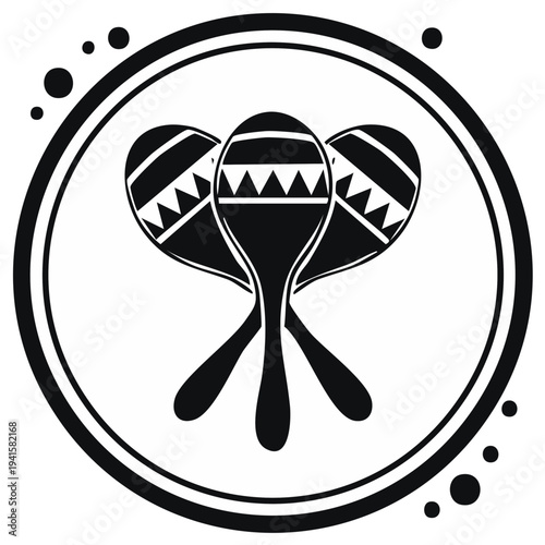 Black and white maracas musical instrument design in a circle frame.
