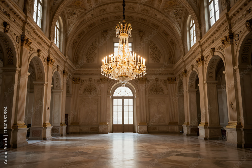 Obraz premium Grand Ornate Palace Hall with Marble Floors Arched Ceilings and a Large Chandelier Natural Light Streaming Through Tall Windows Creating Elegant Atmosphere for Events or Ceremonies