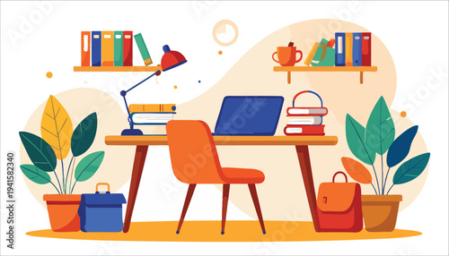 vector Modern Home Office Workspace with Laptop and Decor