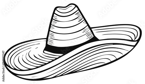 Traditional Striped Mexican Sombrero Line Art Graphic Illustration