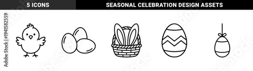 Easter celebration and springtime holiday design elements. Minimalist monoline bold stroke graphics featuring bunny basket, chick, and decorated eggs.