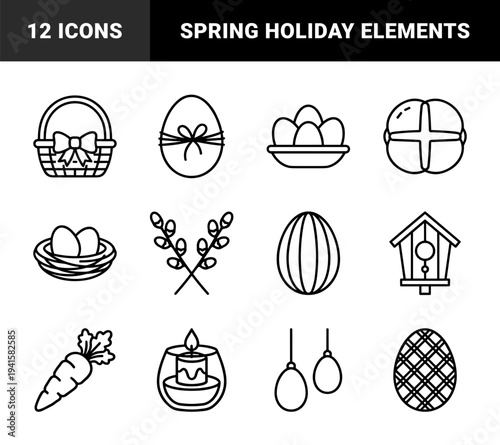 Easter holiday celebration elements and spring seasonal symbols. Minimalist monoline pictograms featuring decorated eggs, willow branches, and festive treats.