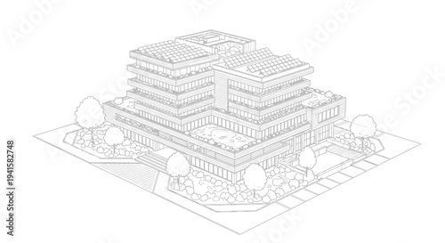 Isometric line drawing of a modern multi-story building with green roofs and surrounding landscaping, architectural design concept.