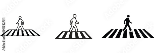 Minimalist pedestrian crossing icon, flat vector, simple human figure walking on crosswalk stripes, traffic symbol style, white background.
