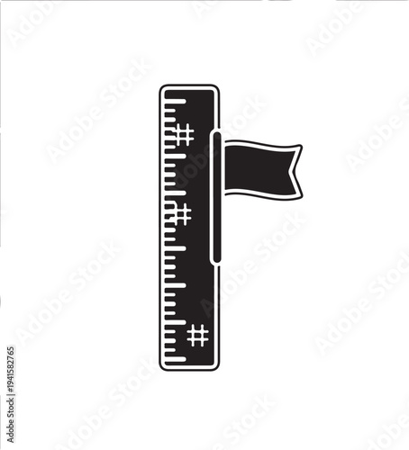 Black ruler with hash marks and flag on white background measuring measurement scale