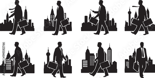 Silhouettes of Businessman Walking in City Skyline Various Poses