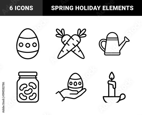 Easter celebration and spring gardening linear elements for seasonal branding. Minimalist monoline pictograms featuring festive eggs, organic carrots, and horticultural tools.