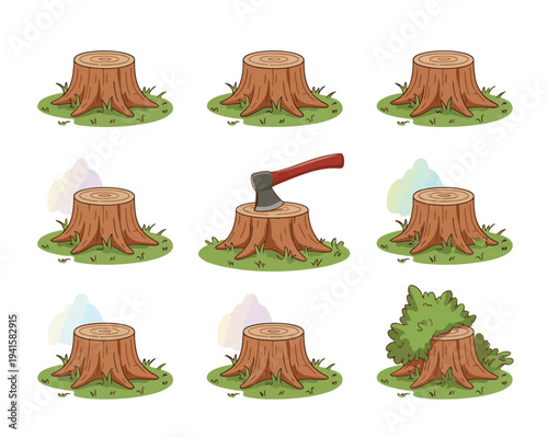 Tree stump vector set illustration, collection of cut tree stumps isolated on white background for forestry lumber nature and environmental design graphics.