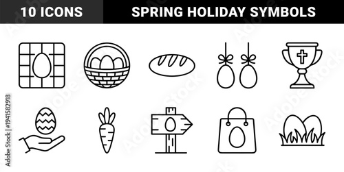 Easter holiday celebration and religious tradition elements. Minimalist monoline pictograms featuring decorated eggs, paschal bread, and sacramental chalice.