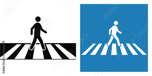 Minimalist pedestrian crossing icon, flat vector, simple human figure walking on crosswalk stripes, traffic symbol style, white background.