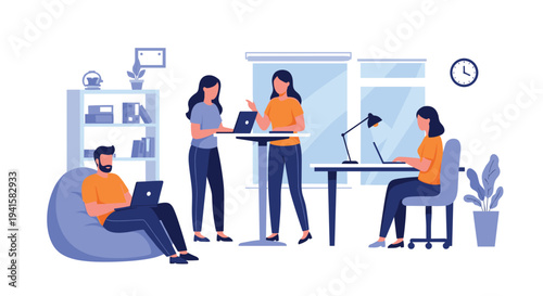 Diverse group of professionals work on laptops in a modern open plan office with standing desks, bean bags, and bookshelves.