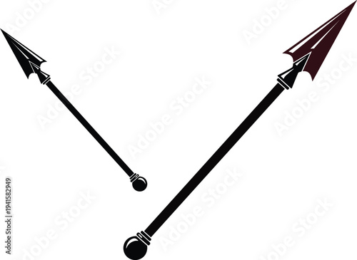 ancient spear weapon vector, medieval lance icon, tribal arrowhead spear, black red spear silhouette, warrior weapon cad drawing flat vector