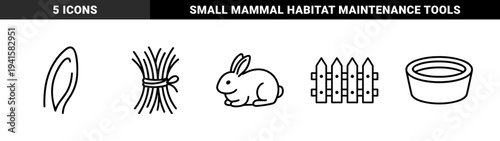 Rabbit care and pet ownership essential line art. Minimalist monoline pictograms featuring a bunny, hay, fencing, water bowl, and long ears.