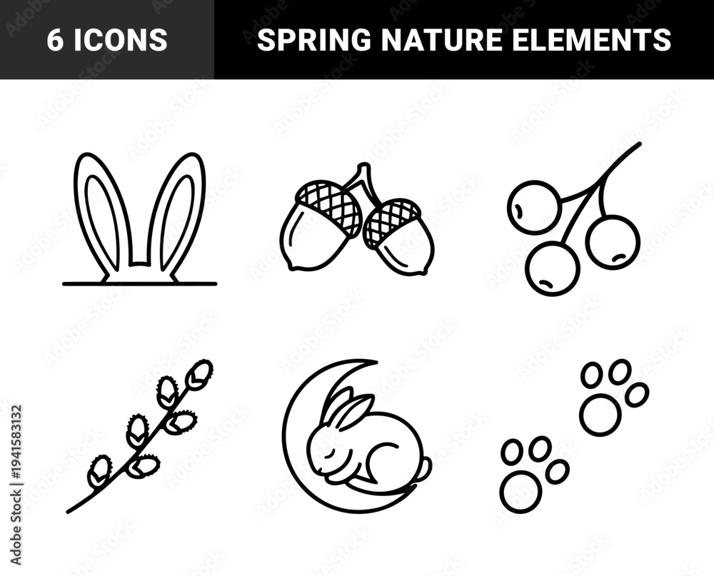 Obraz premium Easter and forest wildlife line art for seasonal branding. Minimalist monoline pictograms featuring rabbit, willow branch, acorns, and paw prints.