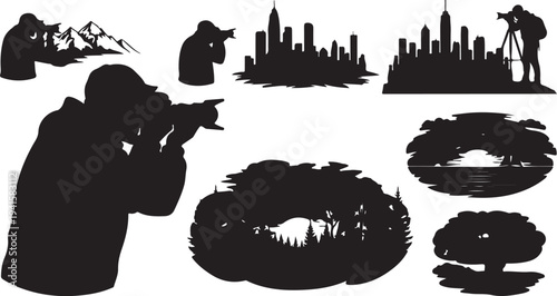 Photographer Silhouette with Cityscape and Nature Elements Black White