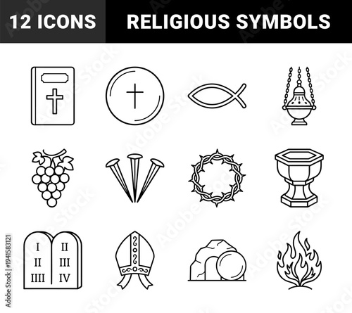 Christian religious symbols and liturgical elements for church education and spiritual branding. Minimalist monoline pictograms featuring biblical and sacramental imagery.