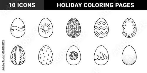 Easter egg coloring page templates with diverse hand-drawn patterns. Minimalist monoline designs featuring spirals, chevrons, hearts, and floral motifs.