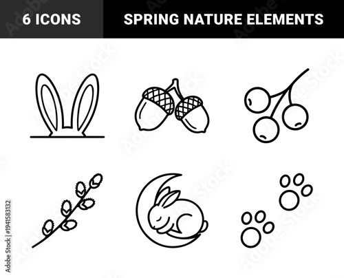 Easter and forest wildlife line art for seasonal branding. Minimalist monoline pictograms featuring rabbit, willow branch, acorns, and paw prints.