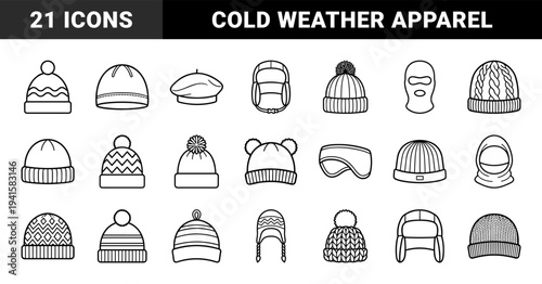 Winter headwear and cold weather apparel line art for retail catalogs. Monoline knit beanies, bobble hats, and balaclava technical pictograms.