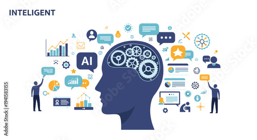 Conceptual illustration of a human head with mechanical gears inside the brain surrounded by artificial intelligence and data icons.