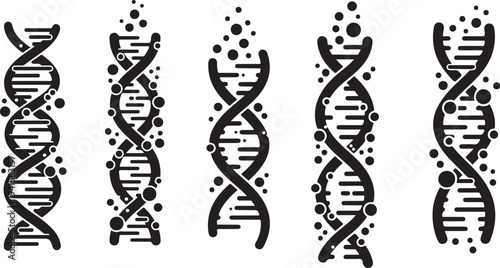 DNA double helix structures with particles on white background