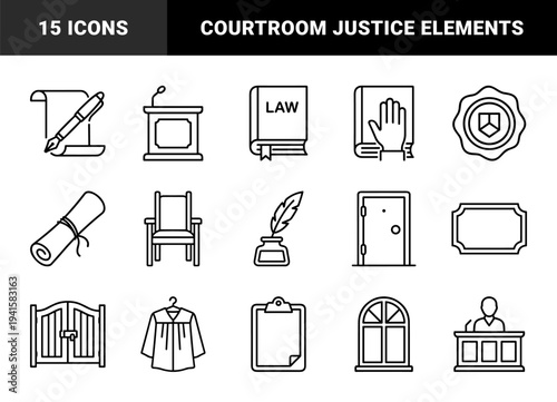 Legal system and judicial proceedings monoline pictograms. Courtroom elements including law book, witness stand, gavel, and official documents.