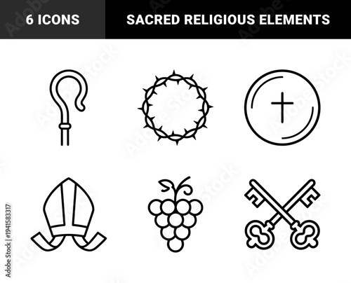 Christian religious symbols and liturgical elements in a minimalist monoline style. Sacred ecclesiastical graphics including eucharist host, shepherd staff, and crown of thorns.