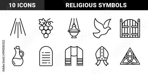 Christian religious symbols and liturgical elements for ecclesiastical design. Minimalist monoline pictograms featuring sacramental items and spiritual heritage motifs.