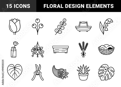 Botanical gardening and floristry line art elements for organic branding. Minimalist monoline icons featuring indoor plants, pruning shears, and floral arrangements.