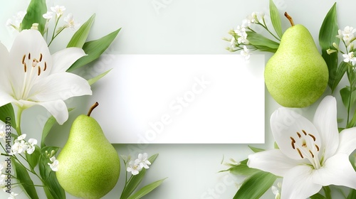 A premium product label design aesthetic featuring ripe pears and delicate white lilies surrounded by soft greenery rendered with clean bright lighting and a smooth surface