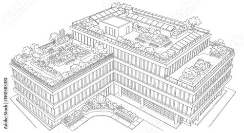Architectural line drawing of a modern building with extensive green roofs and rooftop gardens, showcasing sustainable design.