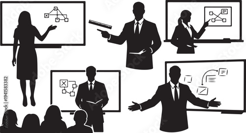 Business professionals presenting on screens in a conference setting