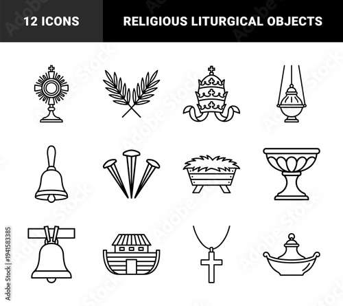 Christian religious symbols and liturgical objects in a clean monoline style featuring Eucharist elements, palms, and biblical artifacts for church educational materials.