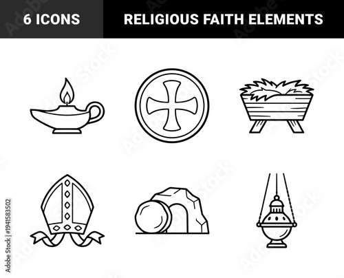 Christian religious symbols and liturgical elements for ecclesiastical design. Minimalist monoline pictograms featuring biblical history and church traditions.