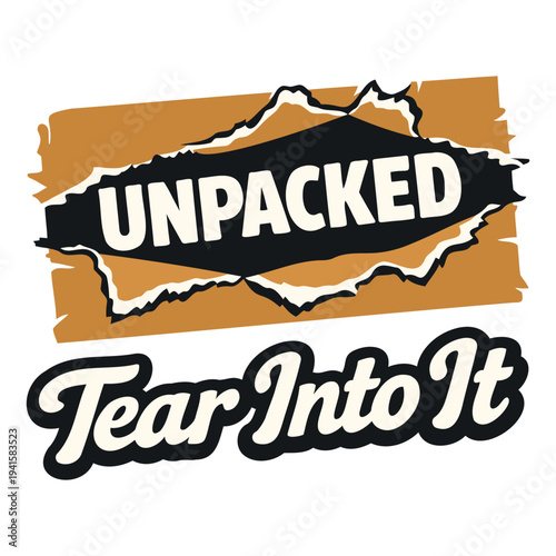 Creative vintage design featuring a torn paper map with the word unpacked and tear into it text isolated