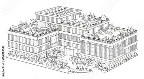 A detailed line drawing of a modern building with green roofs and sustainable design.