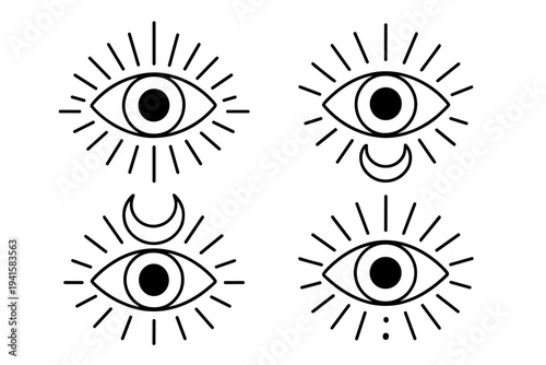 Four mystic eye symbols with rays and crescent accents in black line icons for spiritual or occult design flat vector icon
