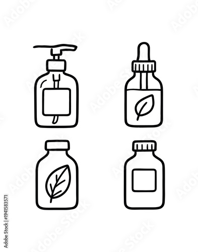 Four black outline bottles including pump dispenser, dropper bottle, small jar and leaf-labeled bottle drawn as minimal icons for skincare, soap, or natural product design.
