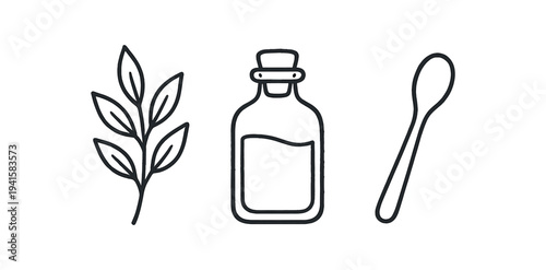 Three black outline icons showing a leafy sprig, a small glass bottle with stopper, and a spoon on a white background — suitable for wellness, herbal remedy, or kitchen labels.