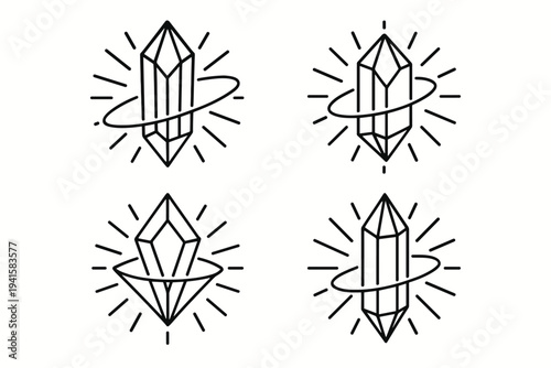 Four crystal line icons with radiant lines for mystic, healing, or gemstone label designs flat vector icon