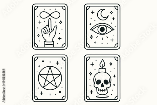 Mystical tarot card set: four occult cards with hand, eye, pentagram and skull flat vector icon