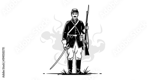 Civil War Soldier Standing with Rifle and Sword, Black and White Illustration