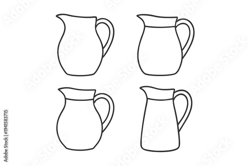 Four simple pitcher and jug line icons for kitchenware labels and tableware mockups flat vector icon