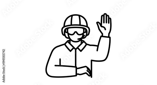 Construction worker waving hello, safety helmet, goggles, industrial uniform, friendly greeting