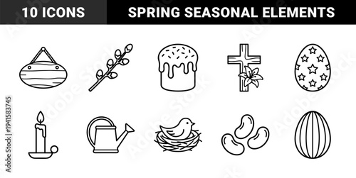 Easter holiday celebration and spring seasonal elements in monolinear style. Traditional religious symbols, decorated eggs, and nature rebirth graphics for festive greeting cards.