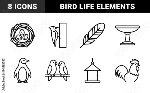 Avian life and ornithology research elements for educational materials. Minimalist monoline pictograms featuring bird species, nesting habits, and backyard sanctuary equipment.