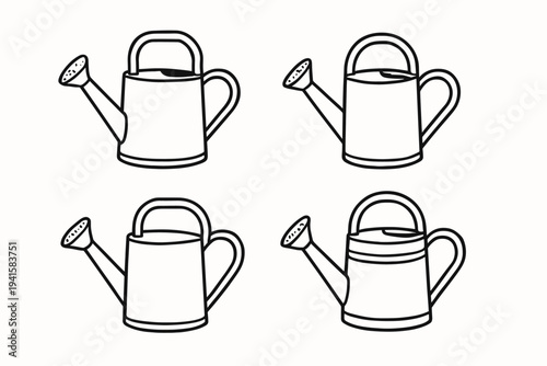 Four watering can outline icons with different handle and spout styles for gardening and plant care icon set flat vector icon