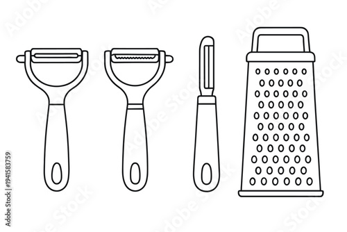 Kitchen utensil line icons showing two peelers paring knife and box grater for cooking and prep tool set flat vector icon
