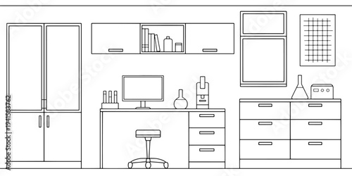 Laboratory graphic black white interior sketch illustration vector 