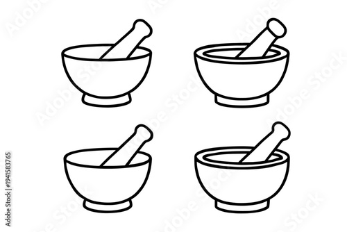 Four mortar and pestle bowls in simple line style for kitchen spice and herb grinding flat vector icon
